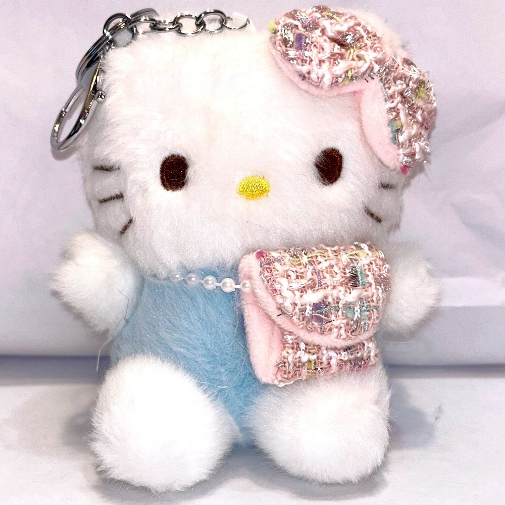 Kawaii Cat Plush Keychain Blue Top w Baby Pink Tweed Bow & Purse Charm 4"